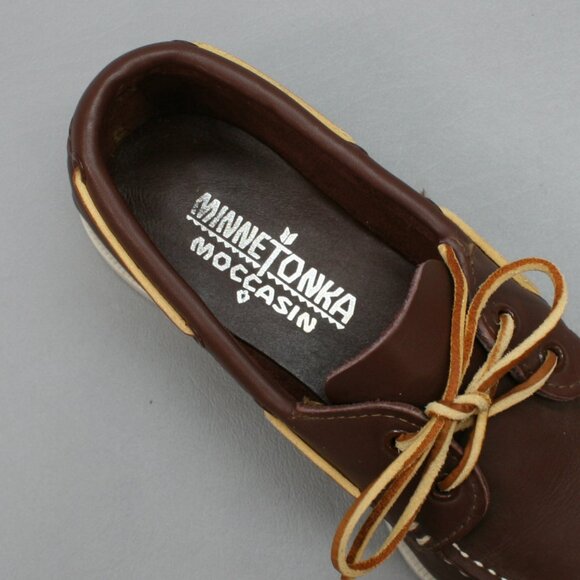 Minnetonka Ladies 7.5 Brown Leather Moccasin Loafers Slip on Boat Dock Shoes - Picture 7 of 12